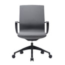 Nautilus Designs Aeros Medium Back Executive Task Chair with gray fabric upholstery and adjustable armrests, front view.