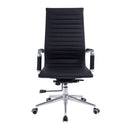 Nautilus Designs Aura contemporary high back bonded leather executive chair with armrests and chrome base, front view.