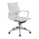 Nautilus Designs Aura contemporary medium back bonded leather executive chair, white finish, front and side view.