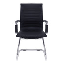 Contemporary Nautilus Designs Aura medium back bonded leather visitor chair with chrome frame, shown from the front.