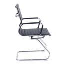 Nautilus Designs Aura contemporary medium back bonded leather visitor chair with chrome frame, shown from side view.