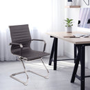 Aura contemporary medium back bonded leather visitor chair with chrome frame, gray upholstery, and modern design by Nautilus Designs.