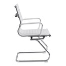 Aura contemporary medium back bonded leather visitor chair with chrome frame by Nautilus Designs, shown from side view.