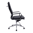 Nautilus Designs Avanti bonded leather high back swivel chair with individual back cushions, black color, shown from side view.