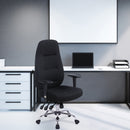 Nautilus Designs Babylon 24-hour operator chair with black fabric upholstery and chrome base, suitable for ergonomic office use.