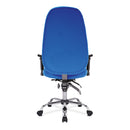 Nautilus Designs Babylon 24-hour operator chair with fabric upholstery and chrome base, viewed from the back.