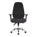Nautilus Designs Babylon 24-hour operator chair with black fabric upholstery and chrome base, shown from the front.