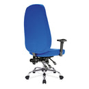 Nautilus Designs Babylon 24-hour operator chair with fabric upholstery and chrome base, shown from back side.