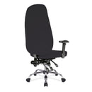 Nautilus Designs Babylon 24-hour operator chair with fabric upholstery and chrome base, shown from the back side.