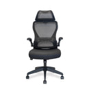 Nautilus Designs Canis high back mesh chair with molded foam seat, folding arms, and optional headrest, shown from the front.