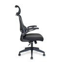 Nautilus Designs Canis high back mesh chair with molded foam seat, folding arms, and optional headrest, shown from side view.