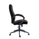 Nautilus Designs Dorset high back fabric managers chair with black upholstery and adjustable armrests on a swivel base.