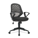Nautilus Designs lattice mesh back operator chair with fluted black nylon base, ergonomic seating and adjustable armrests.
