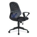 Side view of Nautilus Designs lattice mesh back operator chair with fluted black nylon base, showcasing ergonomic design and adjustable features.
