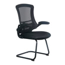 Nautilus Designs Luna Designer Medium Back Mesh Cantilever Chair with folding arms, black frame and ergonomic mesh back.