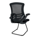 Nautilus Designs Luna Medium Back Mesh Cantilever Chair with folding arms, black side view showing ergonomic back support