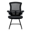 Nautilus Designs Luna medium back mesh cantilever chair with folding arms, black color, front view showing modern ergonomic design.
