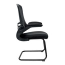 Nautilus Designs Luna Designer medium back mesh cantilever chair with folding arms, black color, side view.