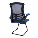 Nautilus Designs Luna Designer medium back mesh cantilever chair with folding arms, showing side view with black mesh and modern frame.