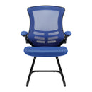 Nautilus Designs Luna Medium Back Mesh Cantilever Chair with folding arms, front view, black fabric and modern office style