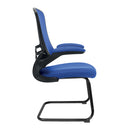 Nautilus Designs Luna Designer Medium Back Mesh Cantilever Chair with folding arms, blue fabric and modern office style.