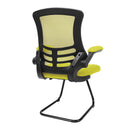 Nautilus Designs Luna Medium Back Mesh Cantilever Chair with folding arms, side view showing black mesh back and metal frame.