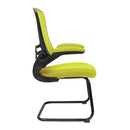 Nautilus Designs Luna Designer Medium Back Mesh Cantilever Chair with folding arms, green fabric, side view in office setting.