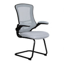 Nautilus Designs Luna Designer Medium Back Mesh Cantilever Chair with folding arms, gray upholstery and modern office style