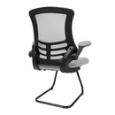 Nautilus Designs Luna Medium Back Mesh Cantilever Chair with folding arms, shown from side view in gray fabric.