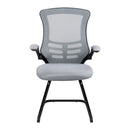 Nautilus Designs Luna Designer medium back mesh cantilever chair with folding arms, gray fabric, and modern office style.