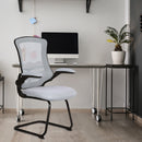 Nautilus Designs Luna Medium Back Mesh Cantilever Chair with folding arms in gray, featuring ergonomic design and modern style.