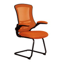 Nautilus Designs Luna Medium Back Mesh Cantilever Chair with folding arms, black frame and ergonomic mesh seat.
