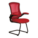 Nautilus Designs Luna medium back mesh cantilever chair with folding arms, featuring red upholstery and modern office style.