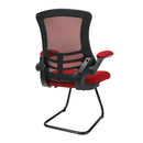Nautilus Designs Luna medium back mesh cantilever chair with folding arms, shown from side view, featuring red upholstery and ergonomic design.