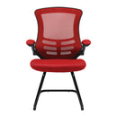 Nautilus Designs Luna medium back mesh cantilever chair with folding arms, front view showing red upholstery and modern design