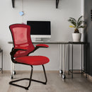 Nautilus Designs Luna Medium Back Mesh Cantilever Chair with folding arms, red fabric, and ergonomic office style.