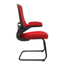 Nautilus Designs Luna Medium Back Mesh Cantilever Chair with folding arms, red upholstery and sleek modern design.