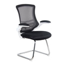Medium back mesh cantilever chair with white shell and folding arms by Nautilus Designs, featuring a sleek modern design.