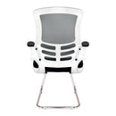 Nautilus Designs Luna medium back mesh cantilever chair with white shell, folding arms, and black frame.
