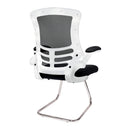 Nautilus Designs Luna Medium Back Mesh Cantilever Chair with white shell and folding arms, side view showing ergonomic design.