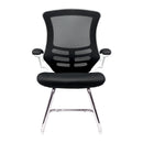 Nautilus Designs Luna medium back mesh cantilever chair with white shell and folding arms, front view.