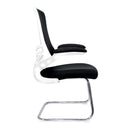 Nautilus Designs Luna medium back mesh cantilever chair with white shell, black base, and folding arms, viewed from side.