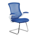 Nautilus Designs Luna medium back mesh cantilever chair with white shell and folding arms, ergonomic office seating.