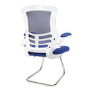 Nautilus Designs Luna Designer medium back mesh cantilever chair with white shell and folding arms, side view.
