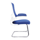 Nautilus Designs Luna Medium Back Mesh Cantilever Chair with white shell and folding arms, side view showing ergonomic design.