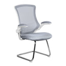 Nautilus Designs Luna Medium Back Mesh Cantilever Chair with white shell and folding arms, ergonomic office seating