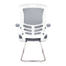 Nautilus Designs Luna Medium Back Mesh Cantilever Chair with white shell and folding arms, showcasing modern ergonomic office seating.