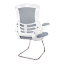 Nautilus Designs Luna medium back mesh cantilever chair with white shell and folding arms, side view showing sleek design and comfort features.