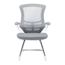 Nautilus Designs Luna Designer medium back mesh cantilever chair with white shell and folding arms, front view.