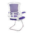 Nautilus Designs Luna medium back mesh cantilever chair with white shell and folding arms, shown from side angle.